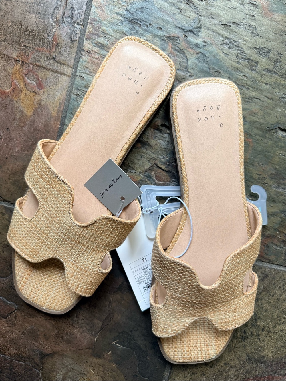 A New Day Bennie Raffia H-Band Slide in natural/beige raffia Size 7.5 NWT